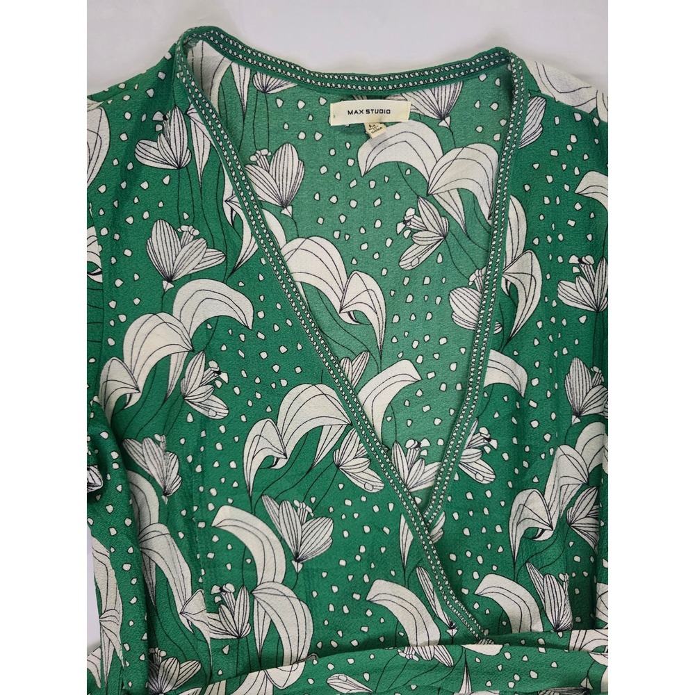 MaxStudio Green Floral Polka Dot Ruffle Wrap Dress Flutter Sleeve 8912C60 Medium - Picture 7 of 16